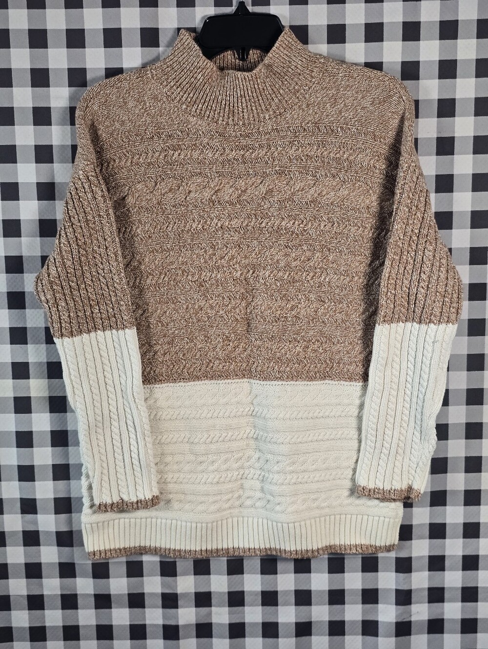 Talbots LP Cable Knit Sweater Brown Ivory Mock Neck 100% Cotton Colorblock
